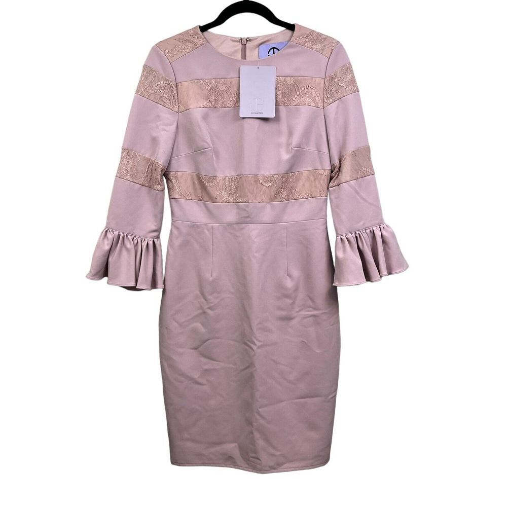 JS Collection Womens Sheath Dress Lace Trim 3/4 Ruffled Sleeve Blush Rose Sz 4*